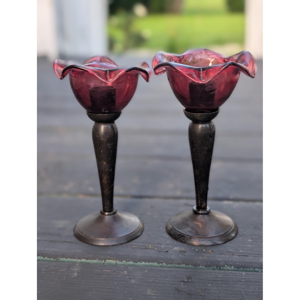 Vintage Pair of maroon glass and metal candle holders made in India